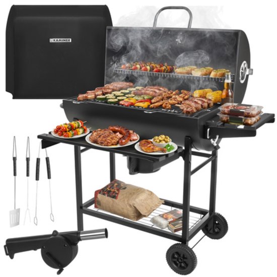 Kaminer Houtskoolbarbecue met deksel, thermometer, 108 x 67 x 96 cm voor tuin en terras