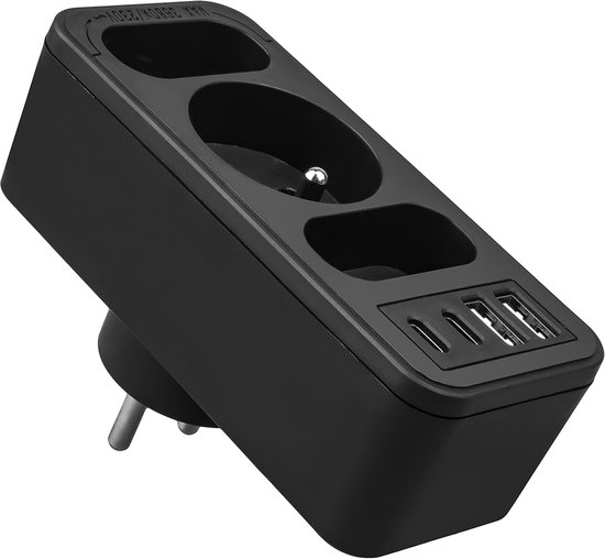 Maclean MCE248 F/B - Stekker - 3-voudige splitter 2x USB-A 2x USB-C - Zwart