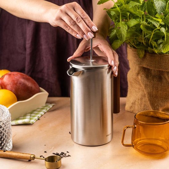 KINGHoff French Press 1 Liter – RVS 304 – Dubbelwandig – Houten Handgreep – Luxe Koffie & Thee Zetter – KH-1995