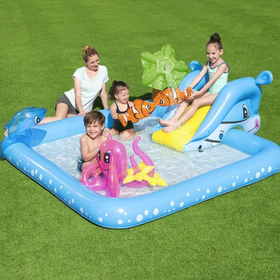 Bestway Kinderzwembad met Glijbaan - Incl. Opblaas Waterspeelgoed - 239 x 206 x 86 CM - 308 L - Waterdieren