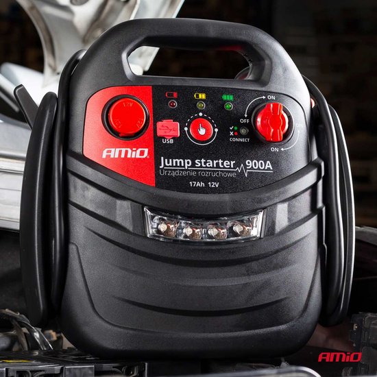 AMiO Jump Starter 12V 17Ah 900A 4in1 – Multifunctioneel Auto Accu Starter, Powerbank en Compressor JS01 Noodsituatie