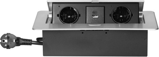 Pop up Stekkerdoos met 2 stopcontacten en USB-A & C - Inbouw Verdeelstekker met RVS afwerking - Stekkerblok met 1.5 meter kabel - Verdeeldoos voor max. 3680 Watt - Zilver