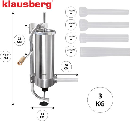 Klausberg KB-7926 Verticale Worstvuller | 3 kg Capaciteit | RVS | Met 4 Vullers | Vleesvuller | Worstmaker