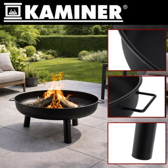 Kaminer Ronde vuurschaal 80 cm zwart met 3 poten en handgrepen voor tuin of terras