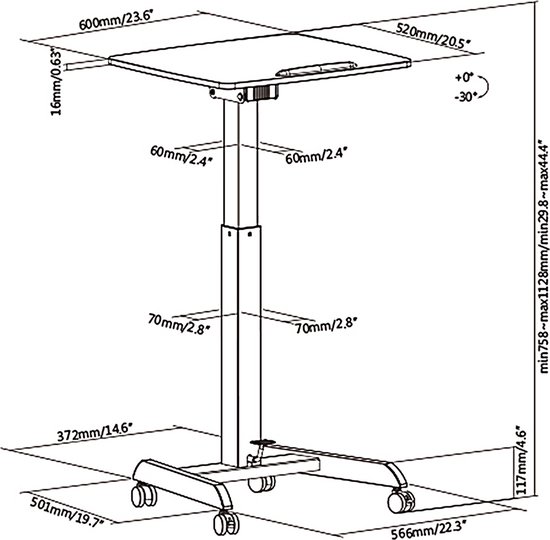 Maclean - Laptoptafel - Zit-sta bureau - laptoptandaard - In hoogte verstelbaar laptop bureau met wieltjes - verstelbaar tot max. 113cm 30 graden Kantelbaar Zwart
