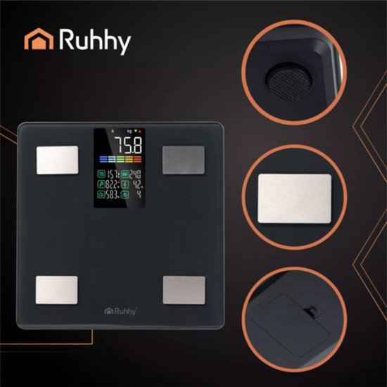 Ruhhy Slimme analyse personenweegschaal zwart 226 kg met LCD-display en Feelfit app