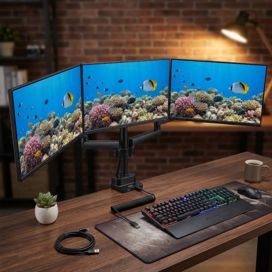 Maclean MC-811 - Monitorbeugel voor 3 LCD LED-monitoren met 2x USB 3.0 - 17-27 "3x7kg vesa 75x75 en 100x100