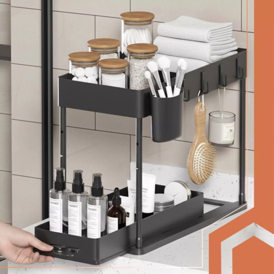 Ruhhy gootsteen organizer 2-laags – zwart rek met uittrekbare planken voor keuken en badkamer