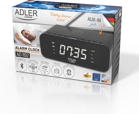 Adler 1192B - Wekkerradio met draadloze oplader voor je telefoon - zwart