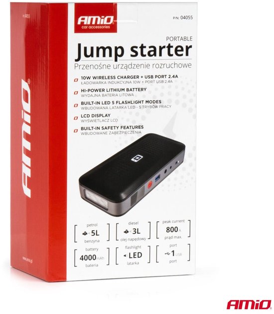 AMiO Portable Jump Starter 12V 12Ah 800A - Met Powerbank Draadloze Lader en LED Zaklamp Voor Benzine en Diesel Voertuigen