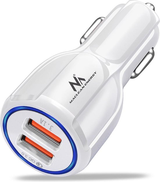 Maclean MCE478 W USB-oplader met 2 sleuven 12-24V sigarettenaansteker Quick Charge 3.0 Snelladen auto 1xQC3.0 5V / 3A, 9V / 1.8A, 12V / 1.6A 1x 5V / 3.1A Auto-oplader voor mobiele telefoon Wit