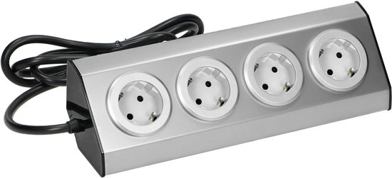 Orno stekkerdoos - Verdeeldoos 4-voudig - Hoekstopcontact beveiliging met randaarde - Verdeelstekker met 1.5 meter kabel - Zilver