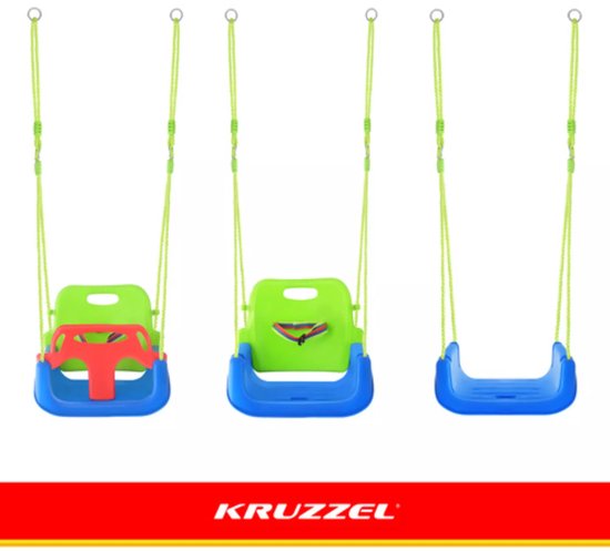 Kruzzel 3-in-1 kinderswing blauw groen rood met veiligheidszitje 43 x 38 x 37,5 cm en verstelbare touwen 120 tot 150 cm