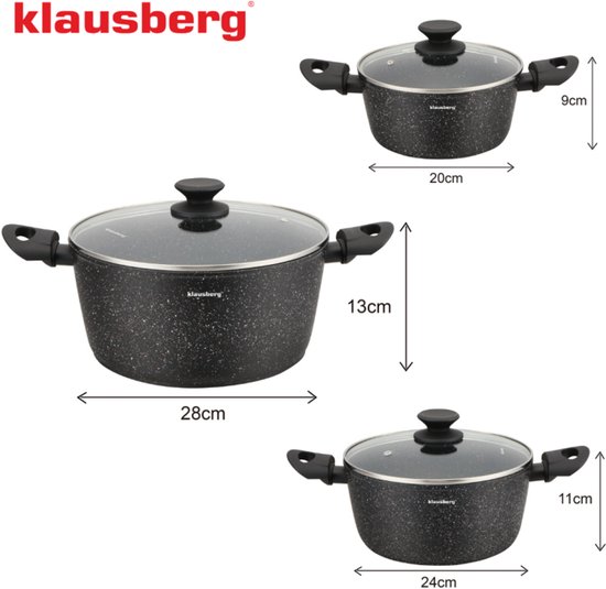 Klausberg KB-7960 Kookpottenset – 3-delig – Marmer Antiaanbak – Inductie Geschikt – 20/24/28 cm – Inclusief Glazen Deksel