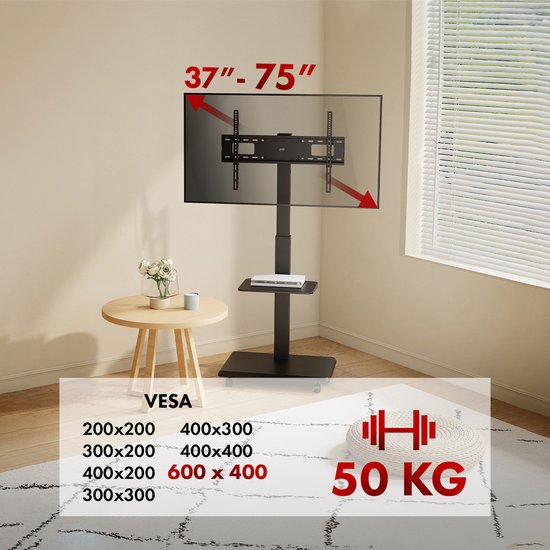 ErgoOffice - TV-standaard - trolley - max. belasting 50kg / 5kg plank - max. VESA 600x400 - ingebouwde contactdoos - zwart, ER-304 B