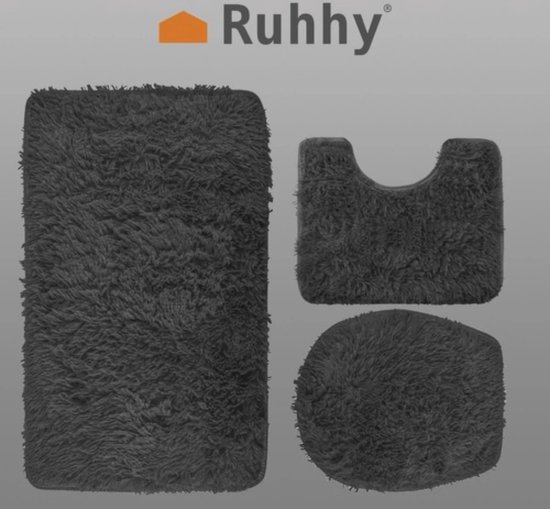 Ruhhy Badmatten set - 3-delig - hoogpolig - grijs - voor toilet en douche - met anti-slip laag