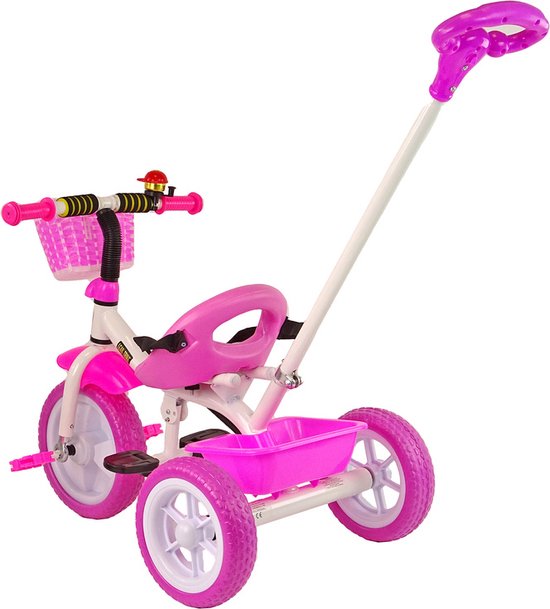 Driewieler - met duwstang en fietsmandje- 95x48x90cm - roze