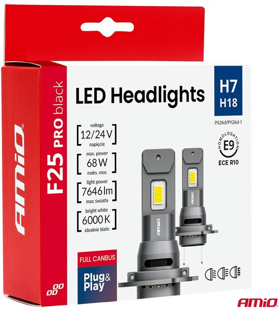 AMiO F25 PRO BLACK Edition H7 LED Koplampen 12/24V – 7646 Lumen 6000K Daglichtwit FULL CANBUS