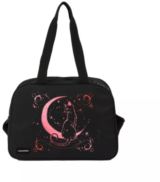 Kruzzel schooltas 13L zwart met roze kattenprint – verstelbare band en sleutelhanger