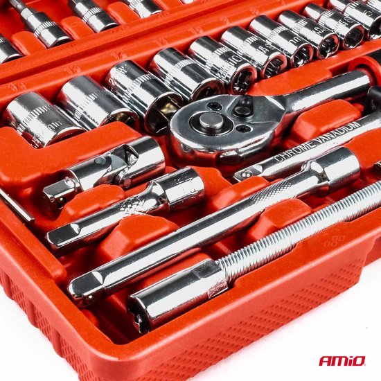 AMiO Ratelsleutel en Dopsleutel Reparatie Gereedschapset (46 Stuks) in Hoogwaardig CR-V Staal in Koffer Rood