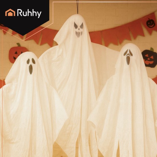 Ruhhy Hangende spoken set van 3 stuks Halloween decoratie wit spook voor binnen en buiten
