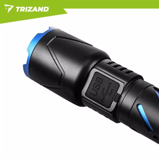 Trizand Tactische LED zaklamp 800 lumen zwart aluminium met zoom, USB-C opladen en 5000 mAh batterij