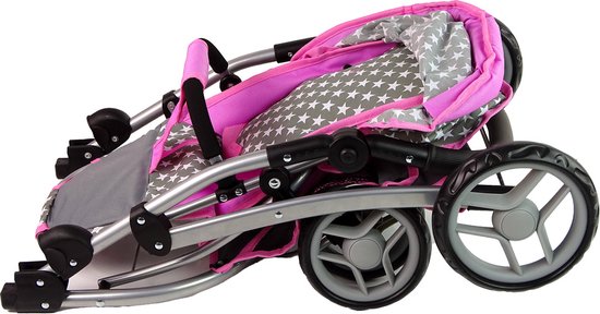 2-in-1 Poppenwagen met tas - Grijs, roze, wit met sterren - Kinderwagen en reiswieg voor poppen tot 40 cm - Geschikt vanaf 3 jaar