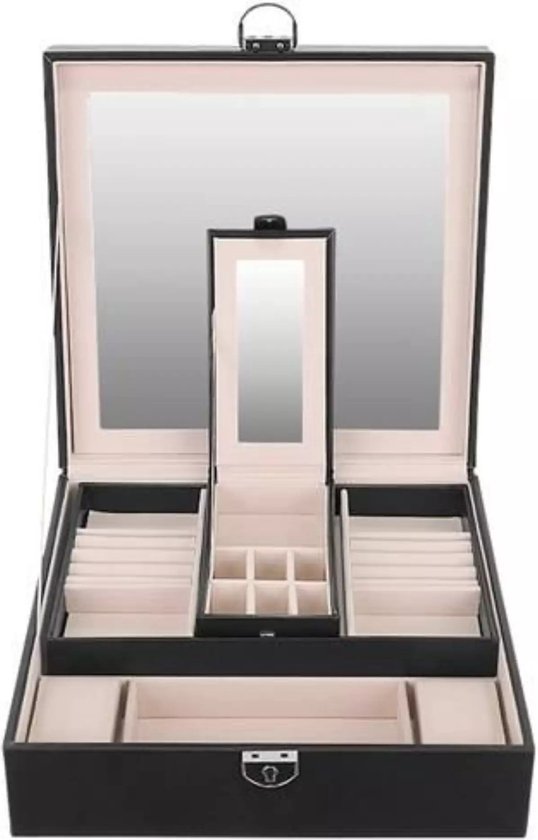 Beautylushh Sieradenkist - zwart - PU coating - 25 x 25 x 30 cm - sieradendoos - organizer - met sleutel