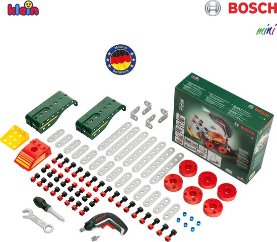 Klein Toys Bosch mini - Multitech Ixolino II bouwpakket - 107 onderdelen, schroevendraaier, steeksleutel en accuschroevendraaier - incl. handleiding voor 11 modellen - groen rood geel