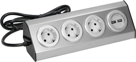 Orno Hoekstekkerdoos - Stekkerdoos met 3 stopcontacten - 2 USB A -Stekkerblok met 1.5 meter kabel - RVS