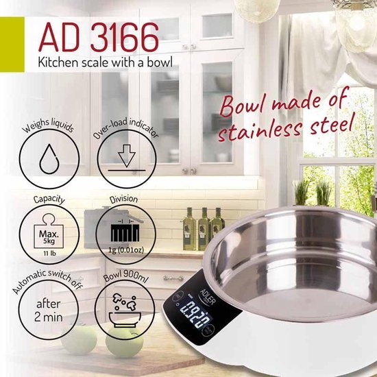 Adler AD3166 - keukenweegschaal met ingebouwde kom / 900ml