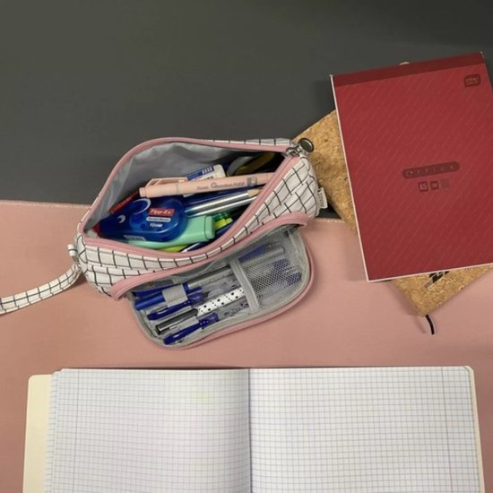 Maaleo Dubbele Uitbreidbare Etui - Wit Geruit - Twee Compartimenten - Mesh Organizer