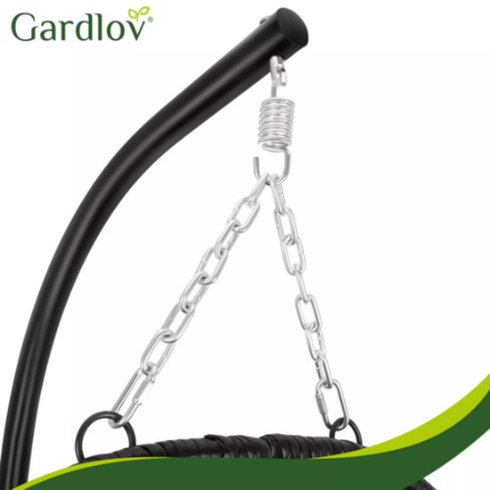 Gardlov Hangstoel cocoon met frame zwart en grijze kussens 194 cm draagkracht 150 kg voor tuin, terras of balkon