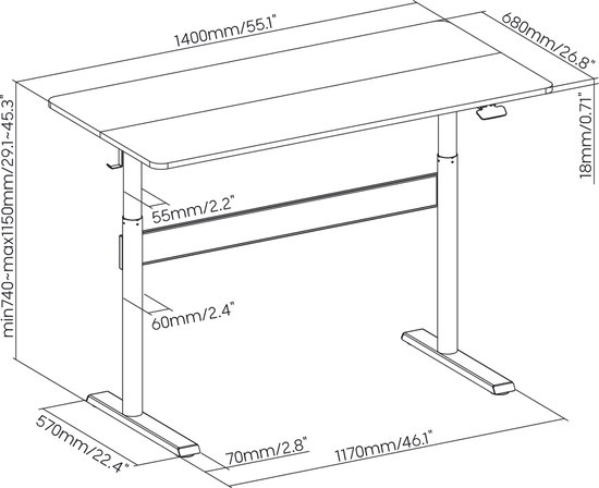 Ergo Office - Bureau - In hoogte verstelbaar ergonomisch bureau 140x68cm - staand en zittend werken, max hoogte 115cm, ER-453