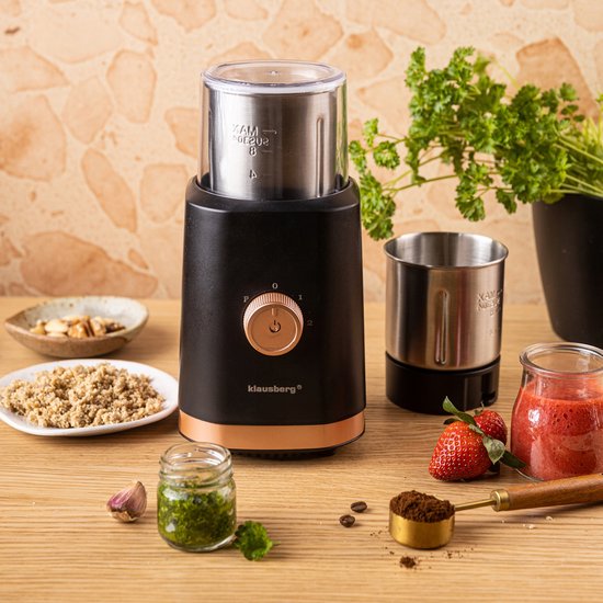 KLAUSBERG KB-7992 Elektrische 2-in-1 Koffie- en Kruidenmolen – 200W – RVS Bekers – Droog & Nat Malen – 3 Snelheden – 80g Capaciteit – zwart/Koper