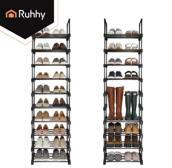 Ruhhy Schoenenrek 10 niveaus 45 x 30 x 174 cm zwart, tot 20 paar schoenen met extra slippersschap
