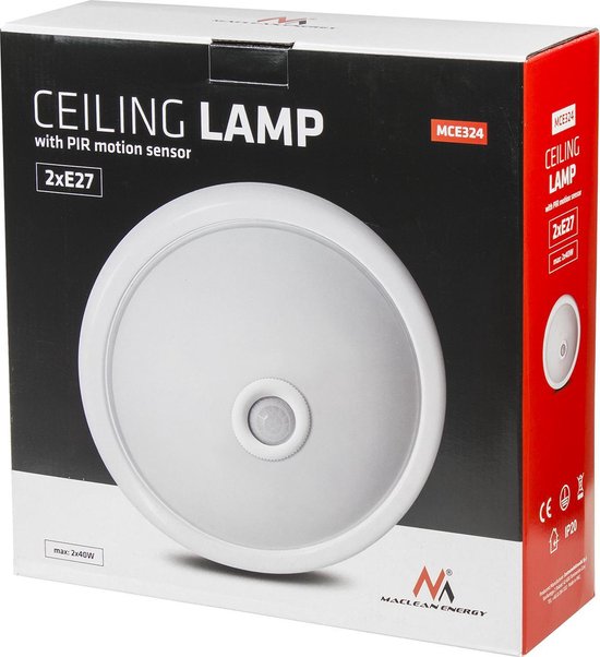 Plafondlamp - PIR Bewegingssensor - Schemersensor - 2x E27 - Wit - 32cm