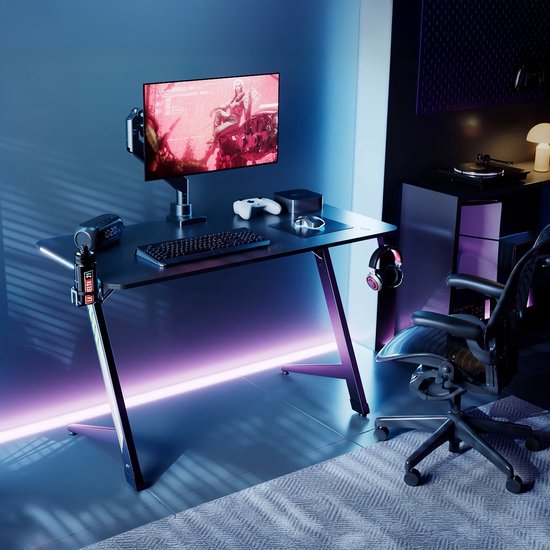 NanoRS - Gaming bureau met koptelefoon- en bekerhouder - RGB-achtergrondverlichting, max. 75kg, afmetingen 1200x600x750mm, RS102 - Zwart