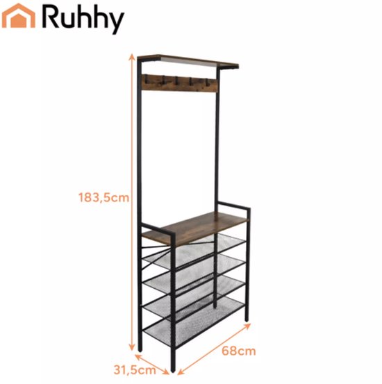 Ruhhy staande kapstok 189 cm – metalen frame met houten planken en 5 dubbele haken, industrieel ontwerp voor hal of kantoor