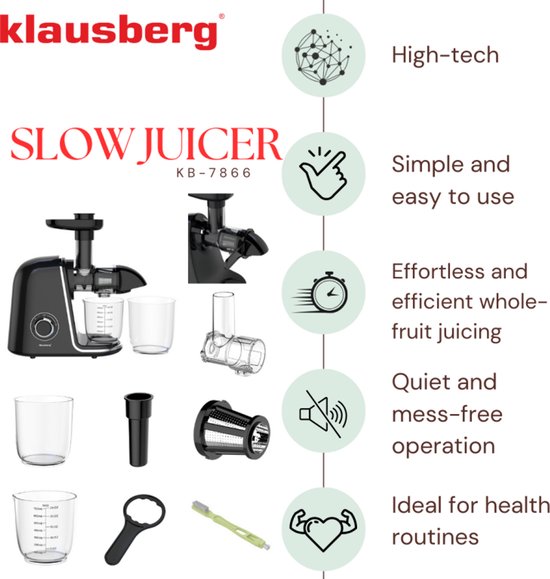 Klausberg Slow Juicer KB-7866 – 150W | Cold Press | Stille Juicer - Groenten en Fruitpers – Met Pulpreservoir - Zwart met Zilveren Accenten
