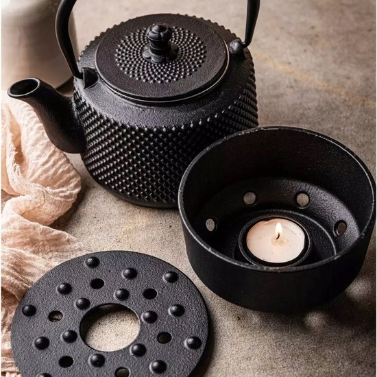 KINGHOFF - Gietijzeren Theeset met Theepot (0,8L), RVS Zeef en Warmhouder - Zwart