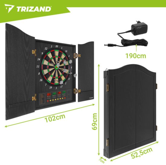 Trizand Elektronisch dartbord met afsluitbare kast, speelveld 35 cm, 4 LED displays, 27 spellen, 243 varianten, 1 tot 16 spelers, netvoeding