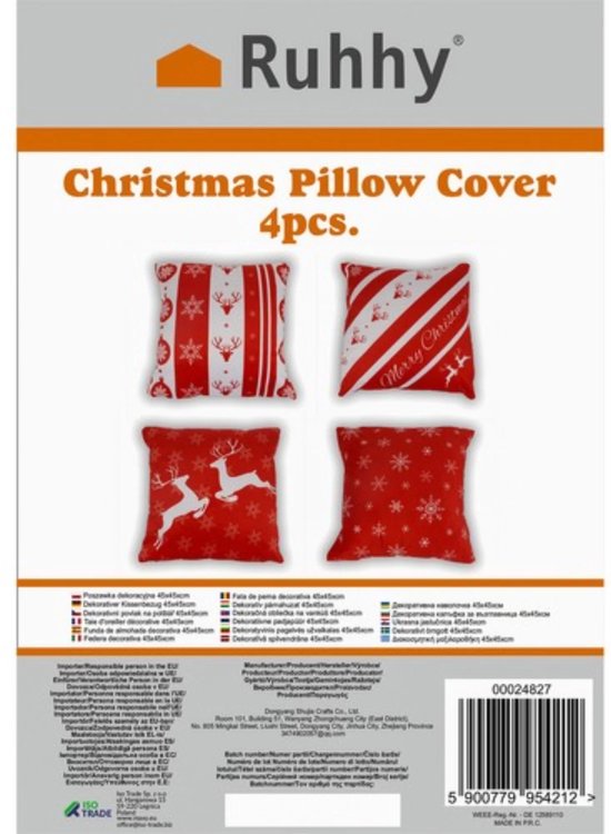 Ruhhy Kerst Kussenhoezen Set – 4 Stuks, Fluwelen Afwerking, 45x45 cm – Perfect voor Feestelijke Decoratie