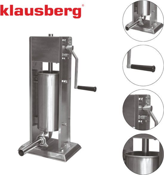 Klausberg Worstenvuller 5 kg - RVS - Verticaal Model KB-7930 - Professioneel voor Thuisgebruik - Incl. 4 Trechters - Handmatig