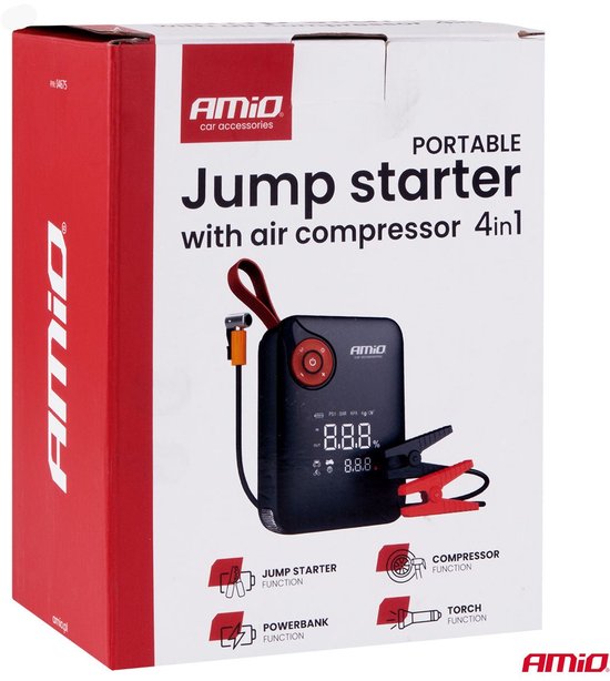AMiO Portable Mini 4-in-1 Jump Starter – Powerbank 12V 600A met Air Compressor en LED Zaklamp – Draagbare Startbooster Auto – Smart Battery Booster