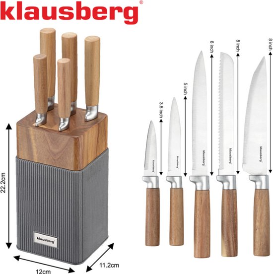 Klausberg KB-7983 6 Delig Messenset - 5 Messen met Acacia Houten Messenblok - Roestvrij Staal Keukenmessen Zwart - o.a. Broodmes , Vleesmes , Koksmes , Groentemes en Messenblok