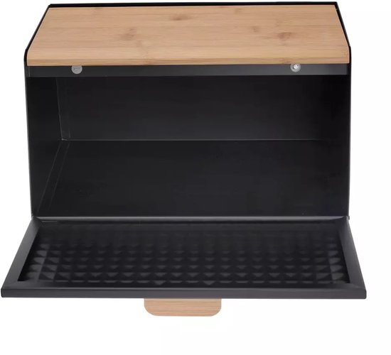 Broodbak van Staal en Bamboe - Zwart - 35,5 x 17(21,5) x 20 cm - Hygienisch en Ecologisch - Broodtrommel - Brooddoos