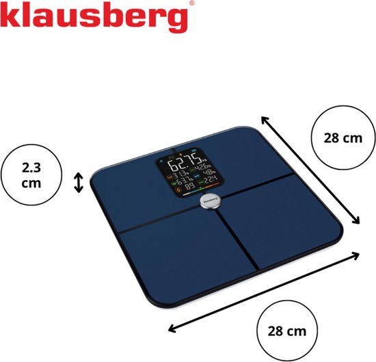 Klausberg KB-7940 Slimme Personenweegschaal – BIA Lichaamsanalyse – Bluetooth App – 180 kg – Donkerblauw – Vet%, Spiermassa, Hydratatie, BMI