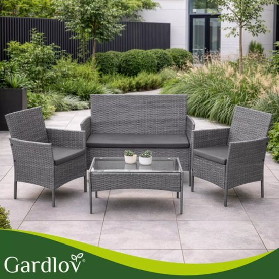 Gardlov Donkergrijze rattan tuinmeubelset met tweezitsbank, 2 stoelen en tafel met glazen blad