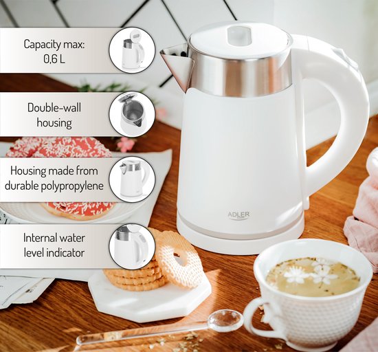 Adler AD 1372 - Witte elektrische waterkoker - klein formaat - 0.6 liter